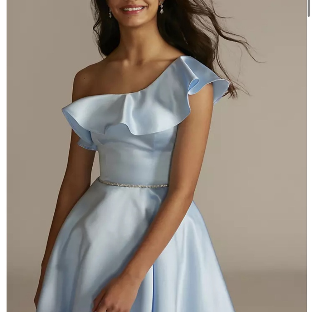 Light Blue One-Shoulder Ruffle Satin Party Dress - Picture 3 of 13